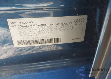 2008 Audi A4 2.0T/2.0T Special Edition from USA, damaged, VIN WAUDF78E68A155129